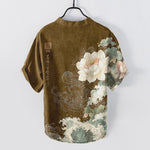 Buddha Stones Cotton Lotus Wave Pattern Men's Short Sleeve Half Button Shirt