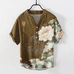 Buddha Stones Cotton Lotus Wave Pattern Men's Short Sleeve Half Button Shirt