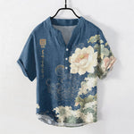 Buddha Stones Cotton Lotus Wave Pattern Men's Short Sleeve Half Button Shirt