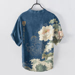 Buddha Stones Cotton Lotus Wave Pattern Men's Short Sleeve Half Button Shirt