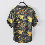 Buddha Stones Cotton Flying Crane Wave Pattern Men's Short Sleeve Half Button Shirt