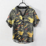 Buddha Stones Cotton Flying Crane Wave Pattern Men's Short Sleeve Half Button Shirt