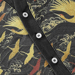 Buddha Stones Cotton Flying Crane Wave Pattern Men's Short Sleeve Half Button Shirt