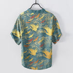 Buddha Stones Cotton Flying Crane Wave Pattern Men's Short Sleeve Half Button Shirt
