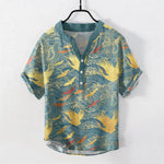 Buddha Stones Cotton Flying Crane Wave Pattern Men's Short Sleeve Half Button Shirt
