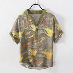 Buddha Stones Cotton Flying Crane Wave Pattern Men's Short Sleeve Half Button Shirt