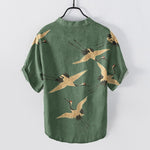 Buddha Stones Cotton Flying Crane Pattern Men's Short Sleeve Half Button Shirt