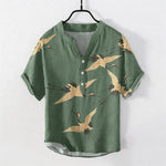 Buddha Stones Cotton Flying Crane Pattern Men's Short Sleeve Half Button Shirt