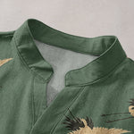 Buddha Stones Cotton Flying Crane Pattern Men's Short Sleeve Half Button Shirt