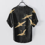 Buddha Stones Cotton Flying Crane Pattern Men's Short Sleeve Half Button Shirt