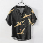 Buddha Stones Cotton Flying Crane Pattern Men's Short Sleeve Half Button Shirt