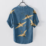 Buddha Stones Cotton Flying Crane Pattern Men's Short Sleeve Half Button Shirt