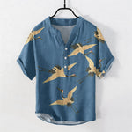 Buddha Stones Cotton Flying Crane Pattern Men's Short Sleeve Half Button Shirt