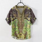 Buddha Stones Cotton Baroque Floral Pattern Men's Short Sleeve Half Button Shirt