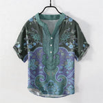 Buddha Stones Cotton Baroque Floral Pattern Men's Short Sleeve Half Button Shirt