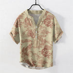 Buddha Stones Cotton Vintage Dragon Pattern Men's Short Sleeve Half Button Shirt