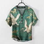 Buddha Stones Cotton Crane Bamboo Pattern Men's Short Sleeve Half Button Shirt