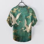 Buddha Stones Cotton Crane Bamboo Pattern Men's Short Sleeve Half Button Shirt