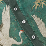 Buddha Stones Cotton Crane Bamboo Pattern Men's Short Sleeve Half Button Shirt