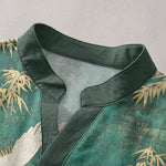 Buddha Stones Cotton Crane Bamboo Pattern Men's Short Sleeve Half Button Shirt