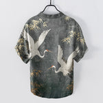 Buddha Stones Cotton Crane Bamboo Pattern Men's Short Sleeve Half Button Shirt