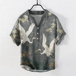 Buddha Stones Cotton Crane Bamboo Pattern Men's Short Sleeve Half Button Shirt