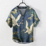 Buddha Stones Cotton Crane Bamboo Pattern Men's Short Sleeve Half Button Shirt