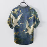 Buddha Stones Cotton Crane Bamboo Pattern Men's Short Sleeve Half Button Shirt