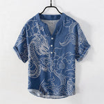 Buddha Stones Cotton White Dragon Cloud Pattern Men's Short Sleeve Half Button Shirt