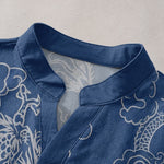 Buddha Stones Cotton White Dragon Cloud Pattern Men's Short Sleeve Half Button Shirt