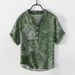 Buddha Stones Cotton White Dragon Cloud Pattern Men's Short Sleeve Half Button Shirt