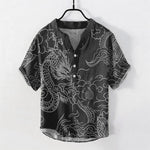 Buddha Stones Cotton White Dragon Cloud Pattern Men's Short Sleeve Half Button Shirt