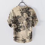 Buddha Stones Cotton Ink Floral Pattern Men's Short Sleeve Half Button Shirt