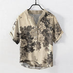 Buddha Stones Cotton Ink Floral Pattern Men's Short Sleeve Half Button Shirt