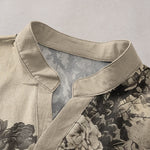 Buddha Stones Cotton Ink Floral Pattern Men's Short Sleeve Half Button Shirt