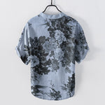 Buddha Stones Cotton Ink Floral Pattern Men's Short Sleeve Half Button Shirt