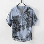 Buddha Stones Cotton Ink Floral Pattern Men's Short Sleeve Half Button Shirt
