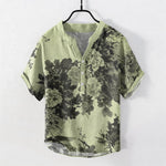 Buddha Stones Cotton Ink Floral Pattern Men's Short Sleeve Half Button Shirt