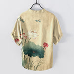 Buddha Stones Cotton Lotus Dragonfly Pattern Men's Short Sleeve Half Button Shirt
