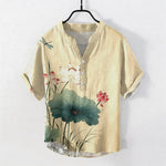 Buddha Stones Cotton Lotus Dragonfly Pattern Men's Short Sleeve Half Button Shirt