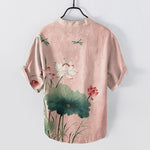 Buddha Stones Cotton Lotus Dragonfly Pattern Men's Short Sleeve Half Button Shirt