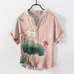 Buddha Stones Cotton Lotus Dragonfly Pattern Men's Short Sleeve Half Button Shirt