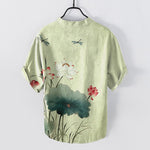 Buddha Stones Cotton Lotus Dragonfly Pattern Men's Short Sleeve Half Button Shirt