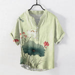 Buddha Stones Cotton Lotus Dragonfly Pattern Men's Short Sleeve Half Button Shirt