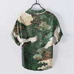 Buddha Stones Cotton Crane Cloud Pattern Men's Short Sleeve Half Button Shirt