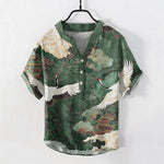 Buddha Stones Cotton Crane Cloud Pattern Men's Short Sleeve Half Button Shirt