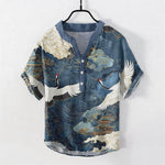 Buddha Stones Cotton Crane Cloud Pattern Men's Short Sleeve Half Button Shirt