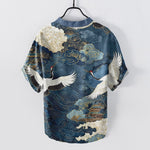 Buddha Stones Cotton Crane Cloud Pattern Men's Short Sleeve Half Button Shirt