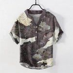 Buddha Stones Cotton Crane Cloud Pattern Men's Short Sleeve Half Button Shirt