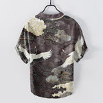 Buddha Stones Cotton Crane Cloud Pattern Men's Short Sleeve Half Button Shirt